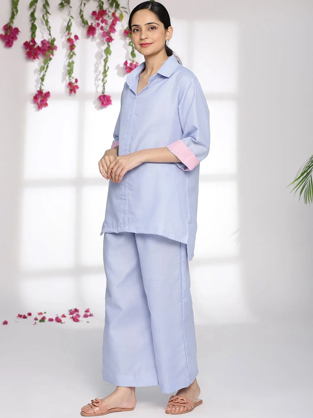 PowderBlue CottonSlub ShirtTop & Palazzo