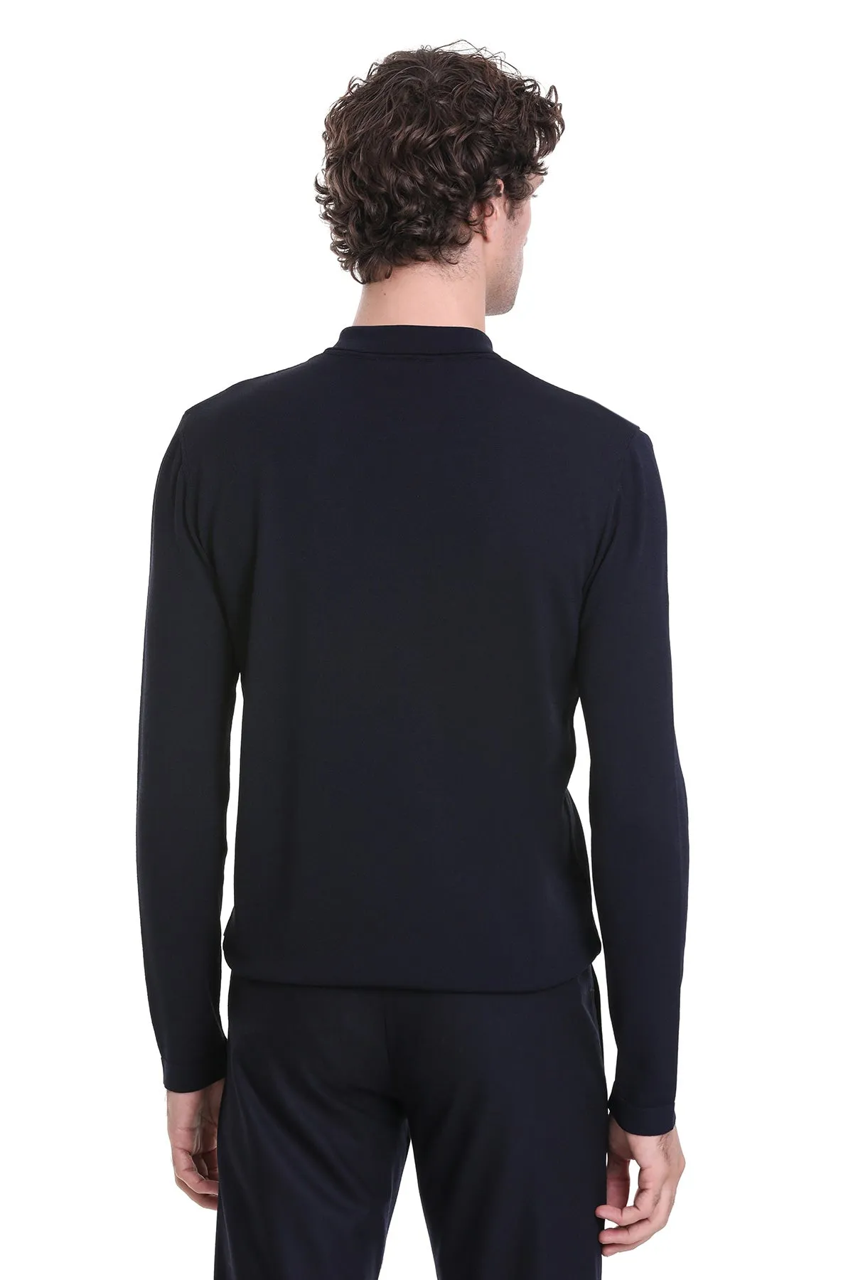 Regular Fit Basic Wool Blend Navy Polo Sweater