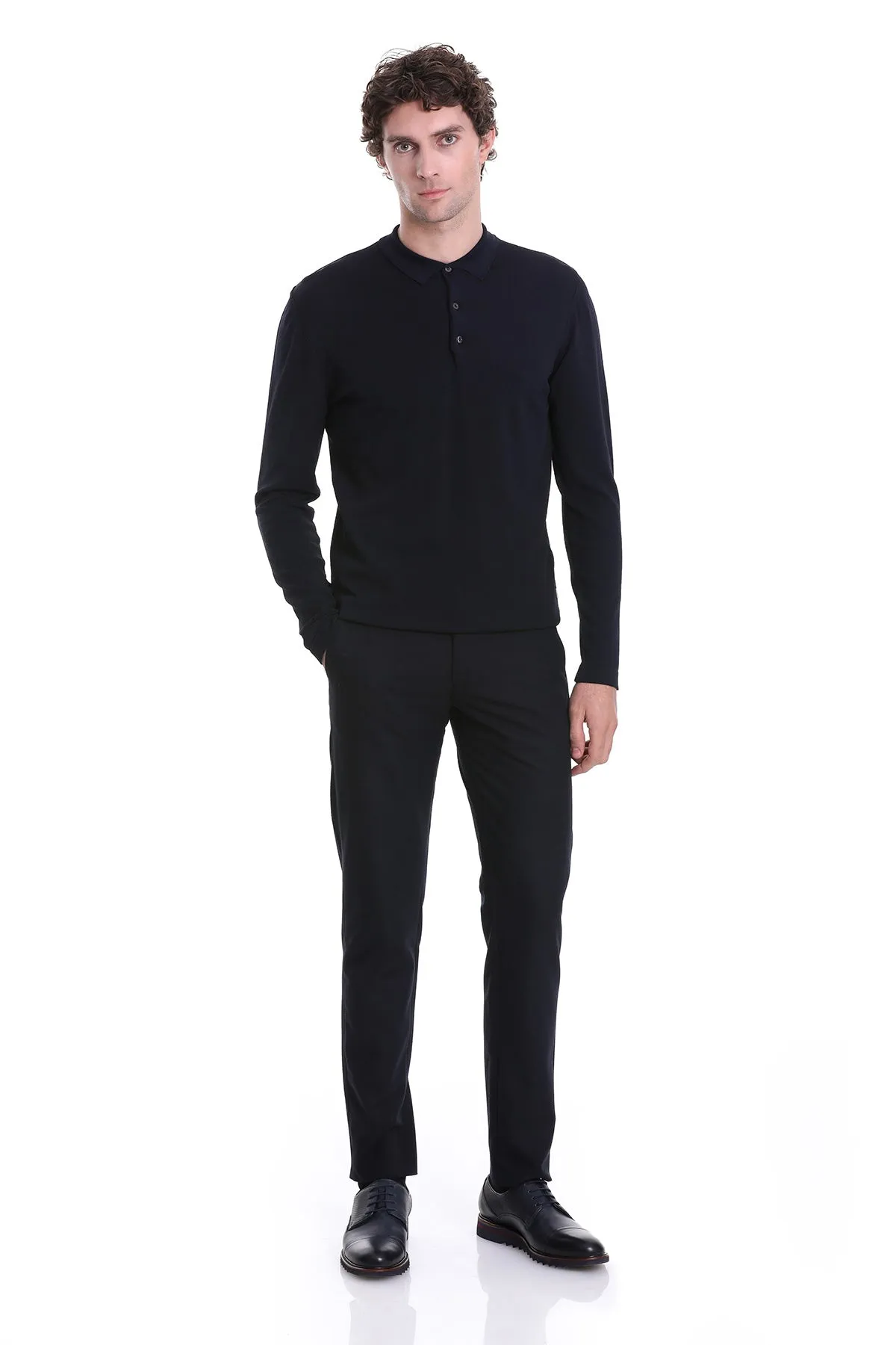 Regular Fit Basic Wool Blend Navy Polo Sweater