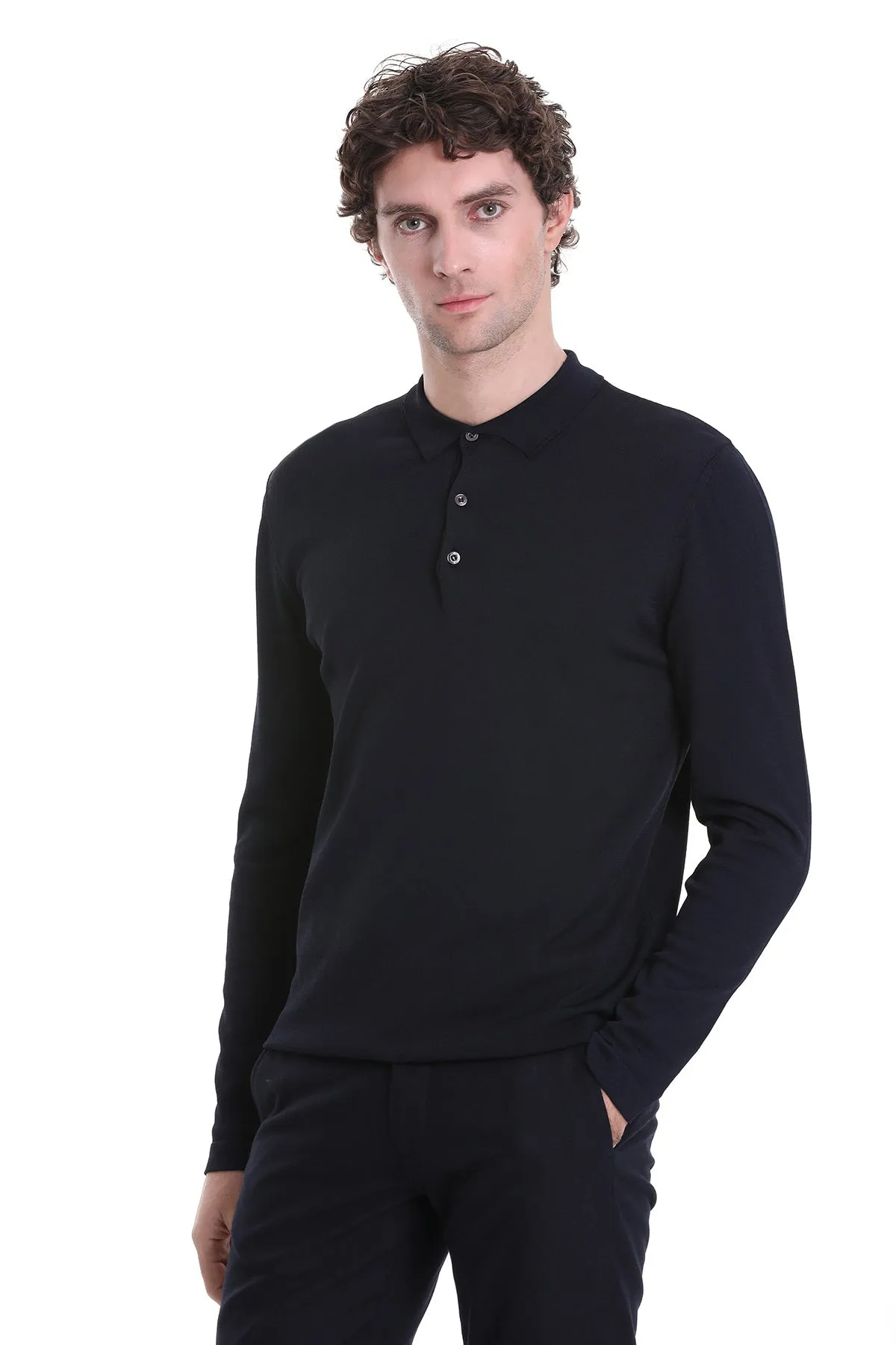 Regular Fit Basic Wool Blend Navy Polo Sweater
