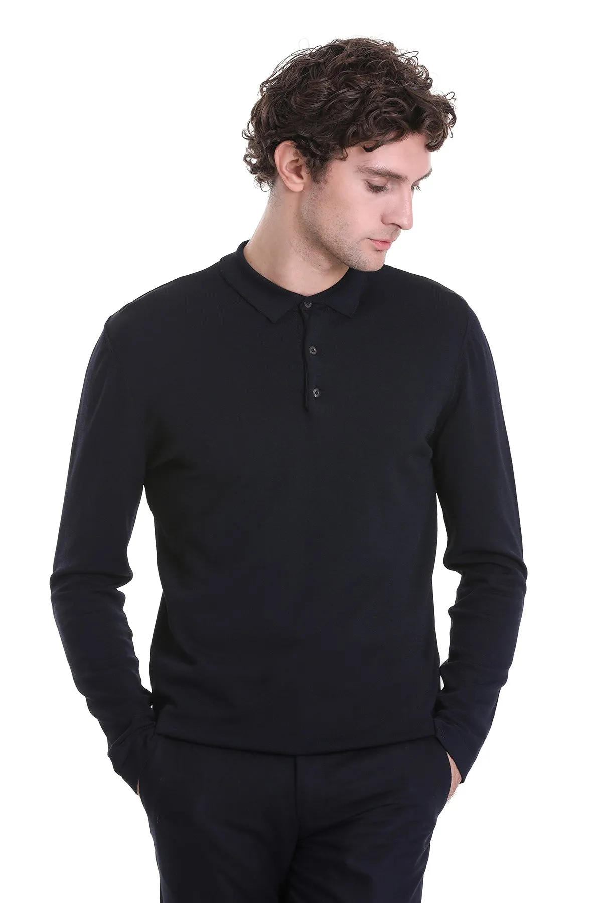 Regular Fit Basic Wool Blend Navy Polo Sweater