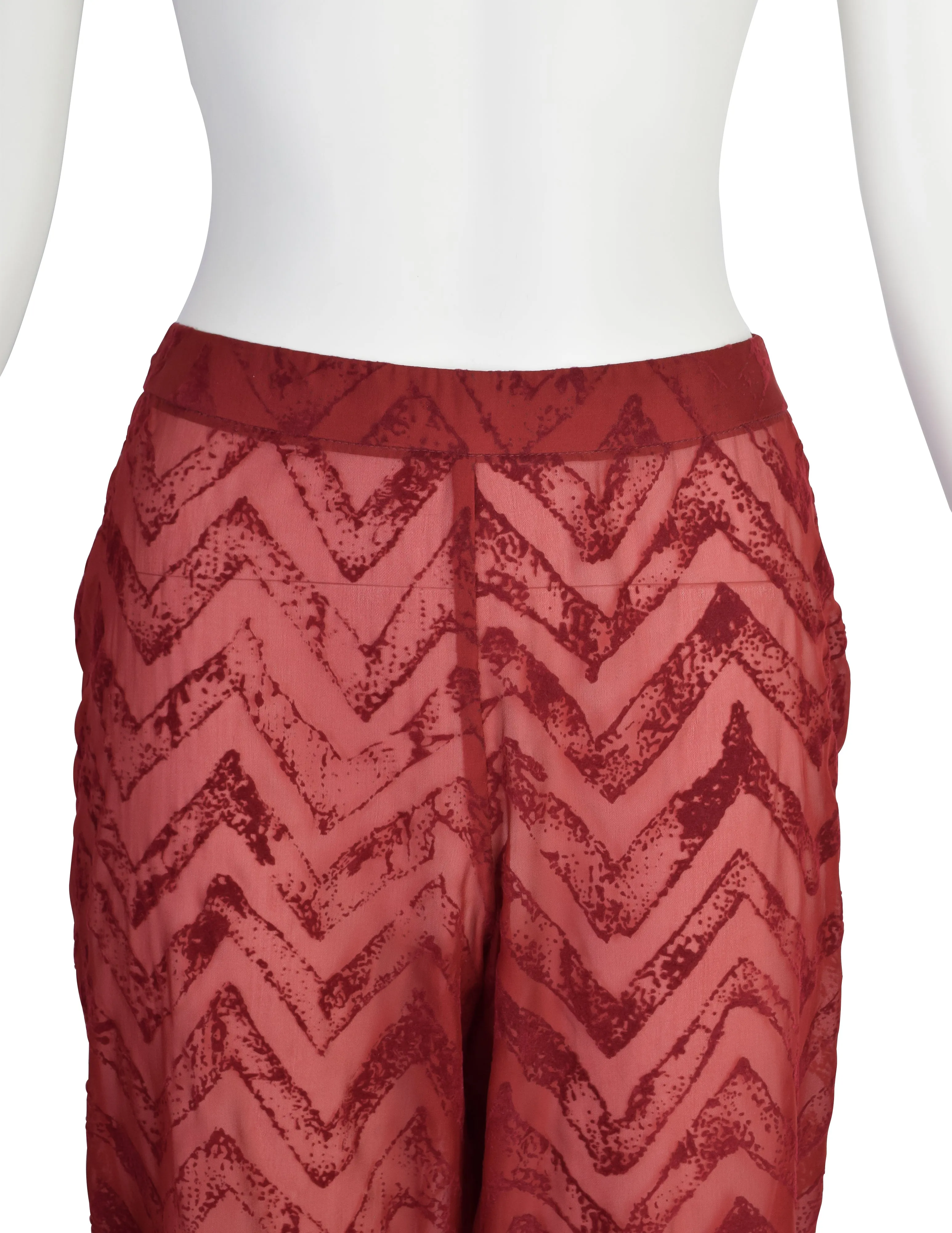 Romeo Gigli Vintage AW 1997 Burgundy Velvet Burnout Sheer Silk Chiffon Pants