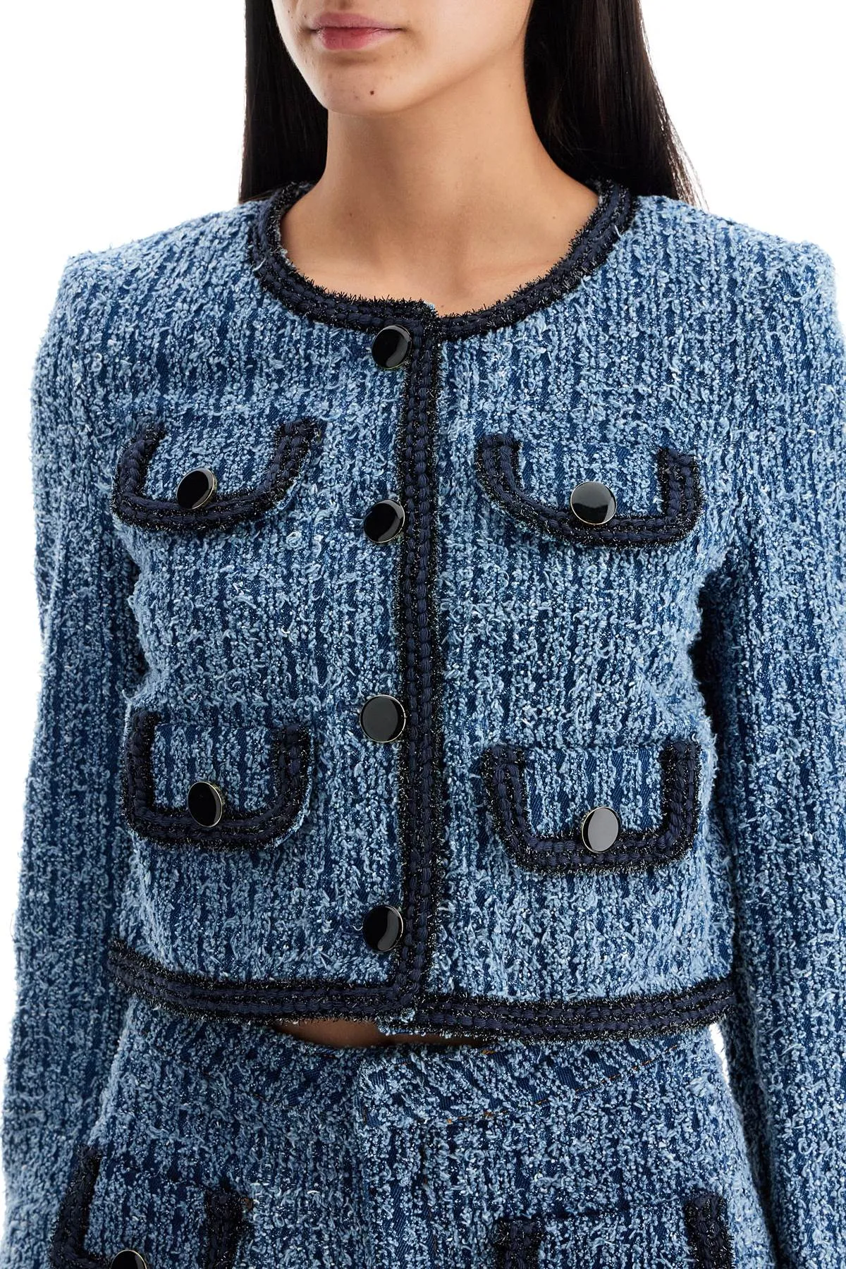 Self Portrait Distressed Denim Cropped Jacket In