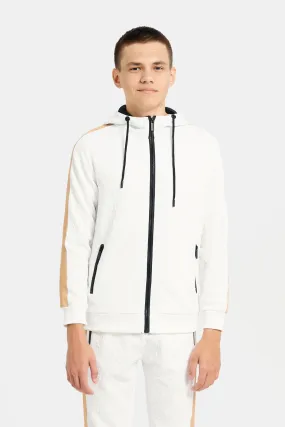Senior Boys White Embossed Hooded Sweatshirt