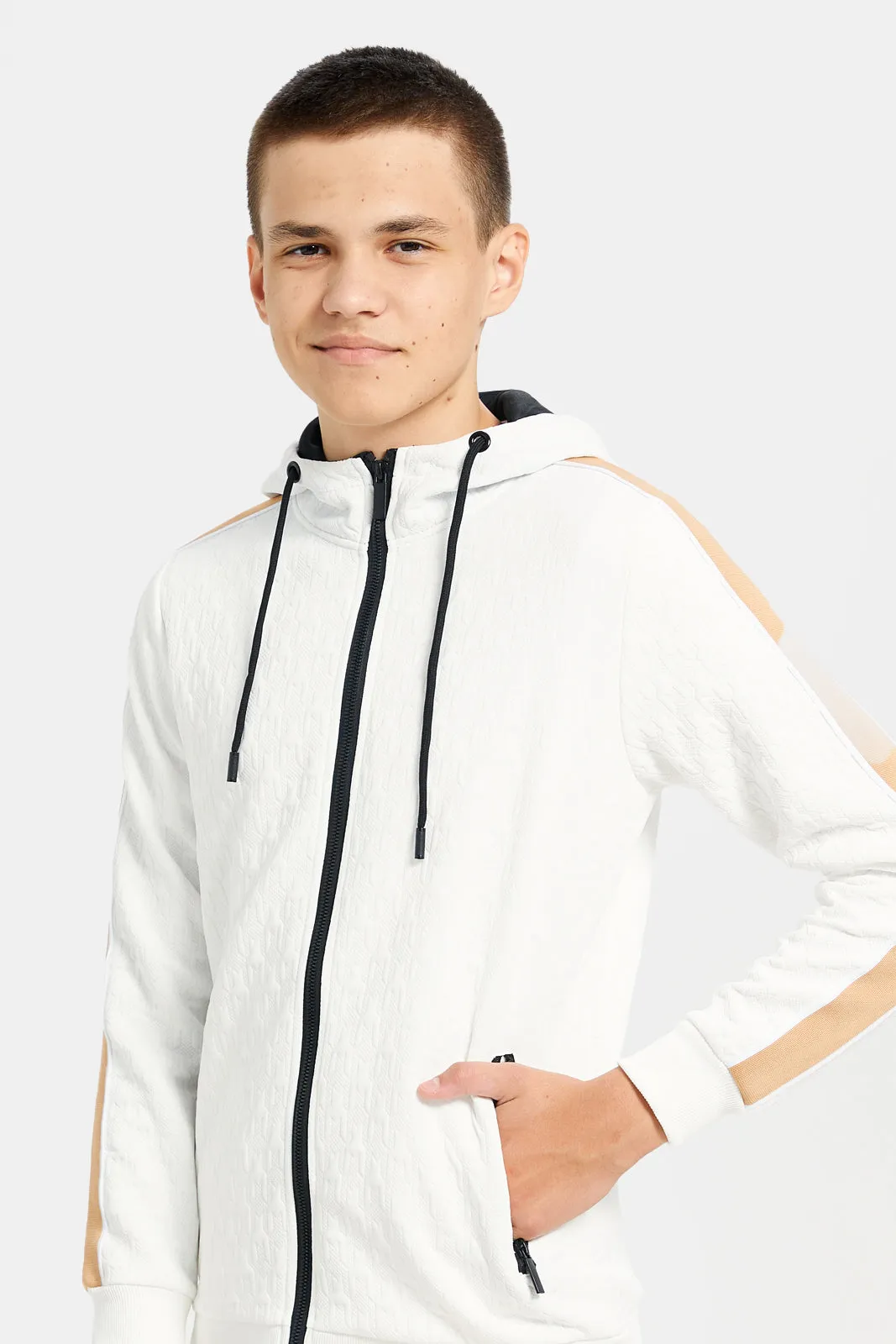 Senior Boys White Embossed Hooded Sweatshirt