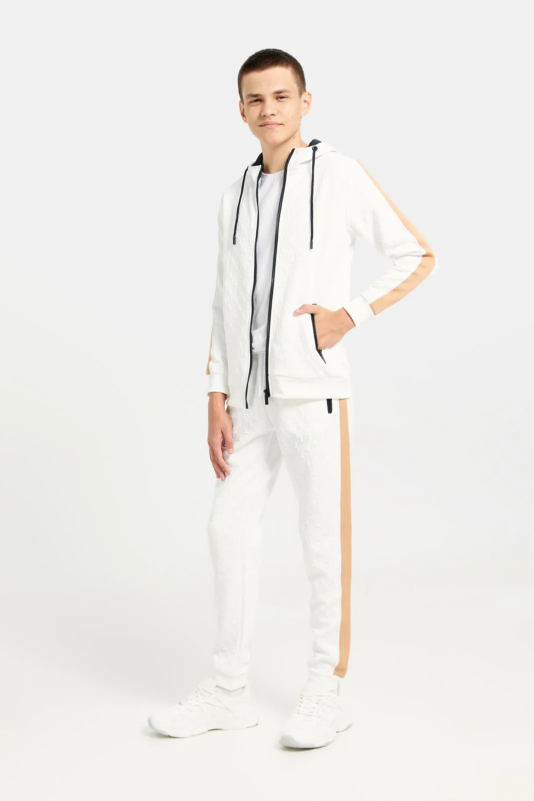 Senior Boys White Embossed Hooded Sweatshirt