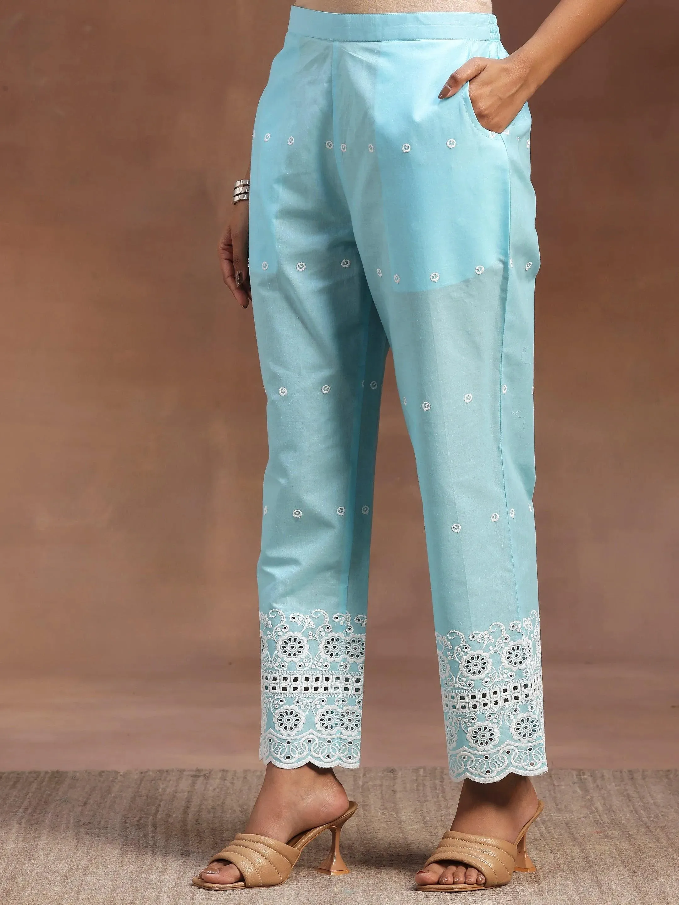 The Kiara Cut Blue Self Design Cotton Anarkali Kurta With Trousers