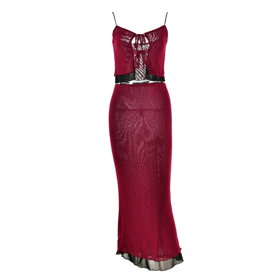 Tie Neck High Waist Contrast Layered Mesh Skirt Matching Set - Burgundy