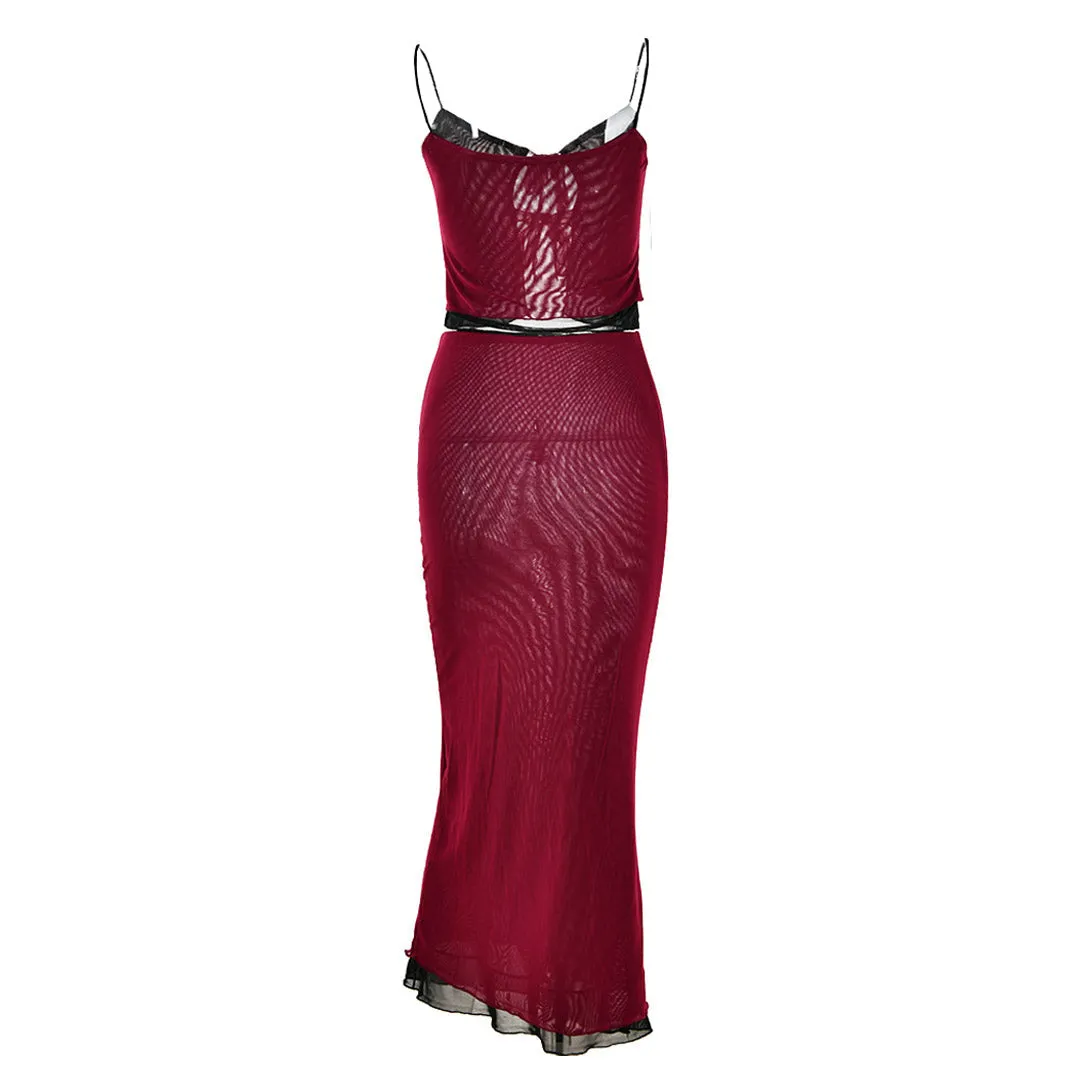 Tie Neck High Waist Contrast Layered Mesh Skirt Matching Set - Burgundy