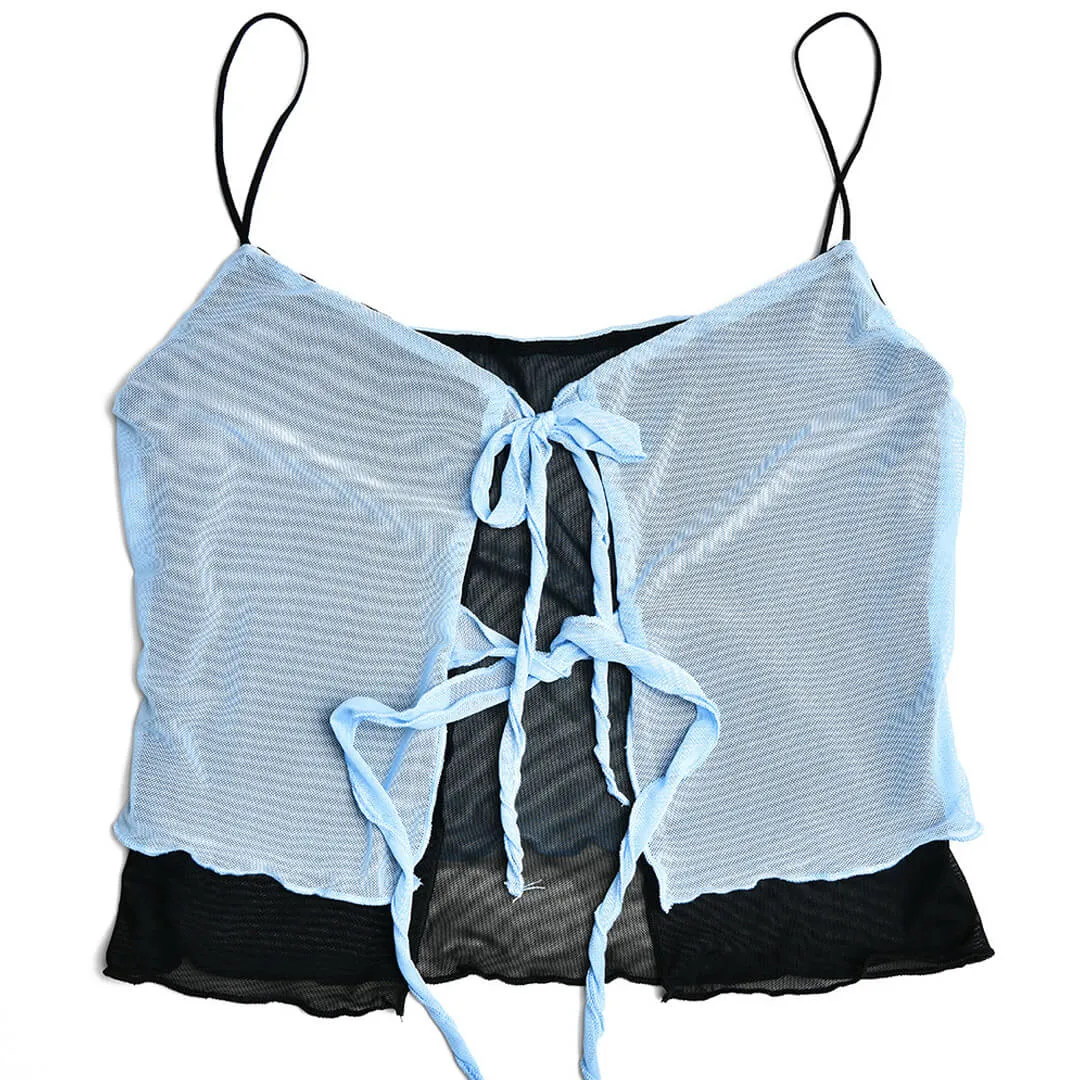 Tie Neck High Waist Contrast Layered Mesh Skirt Matching Set - Light Blue