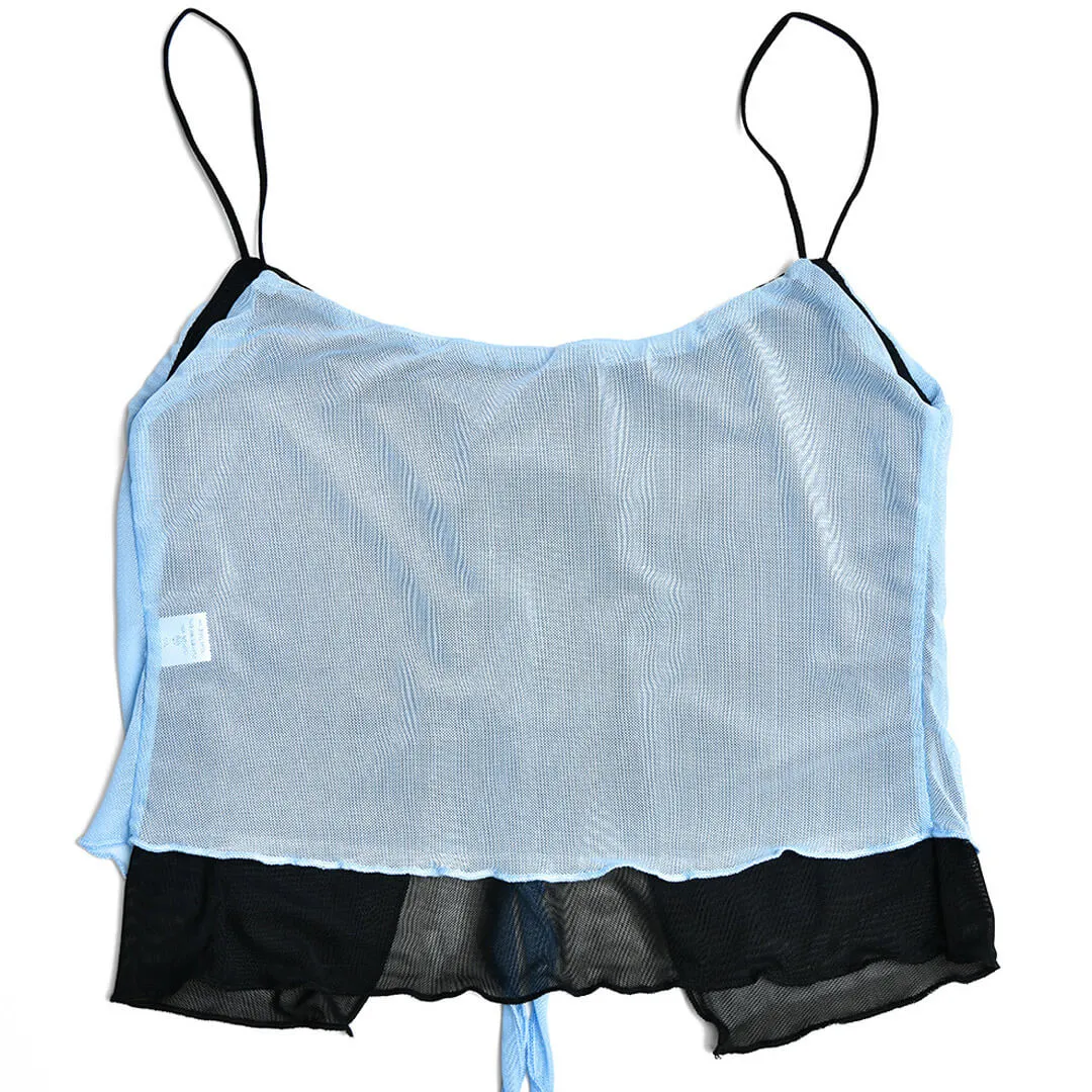 Tie Neck High Waist Contrast Layered Mesh Skirt Matching Set - Light Blue