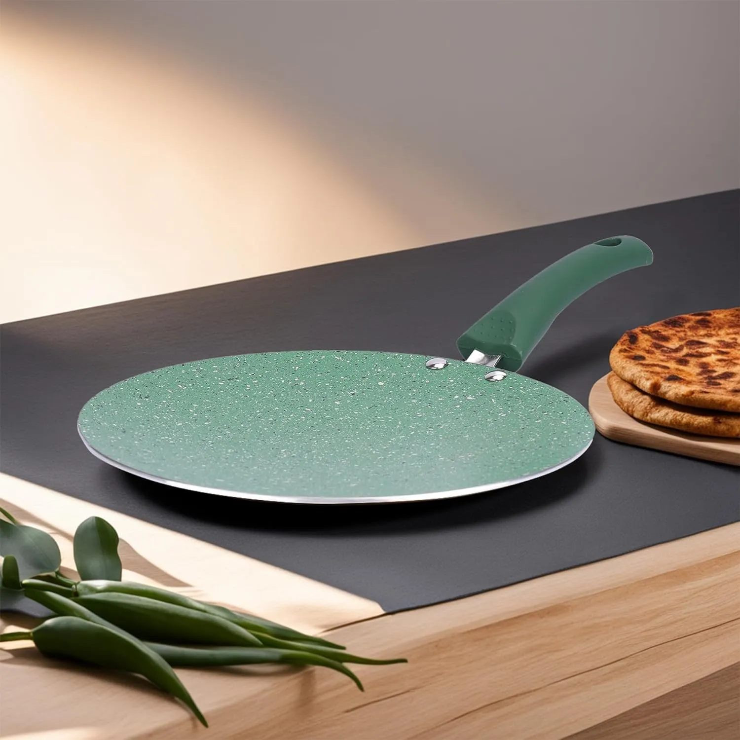 USHA SHRIRAM Green Non-Stick Cookware Set | 24cm Deep Fry Pan, 25cm Grill Pan, 1L Sauce Pan, 25cm Roti Tawa | Minimal Oil Cooking | Easy Grip Handles| Non-Toxic & Lightweight | Pack of 4