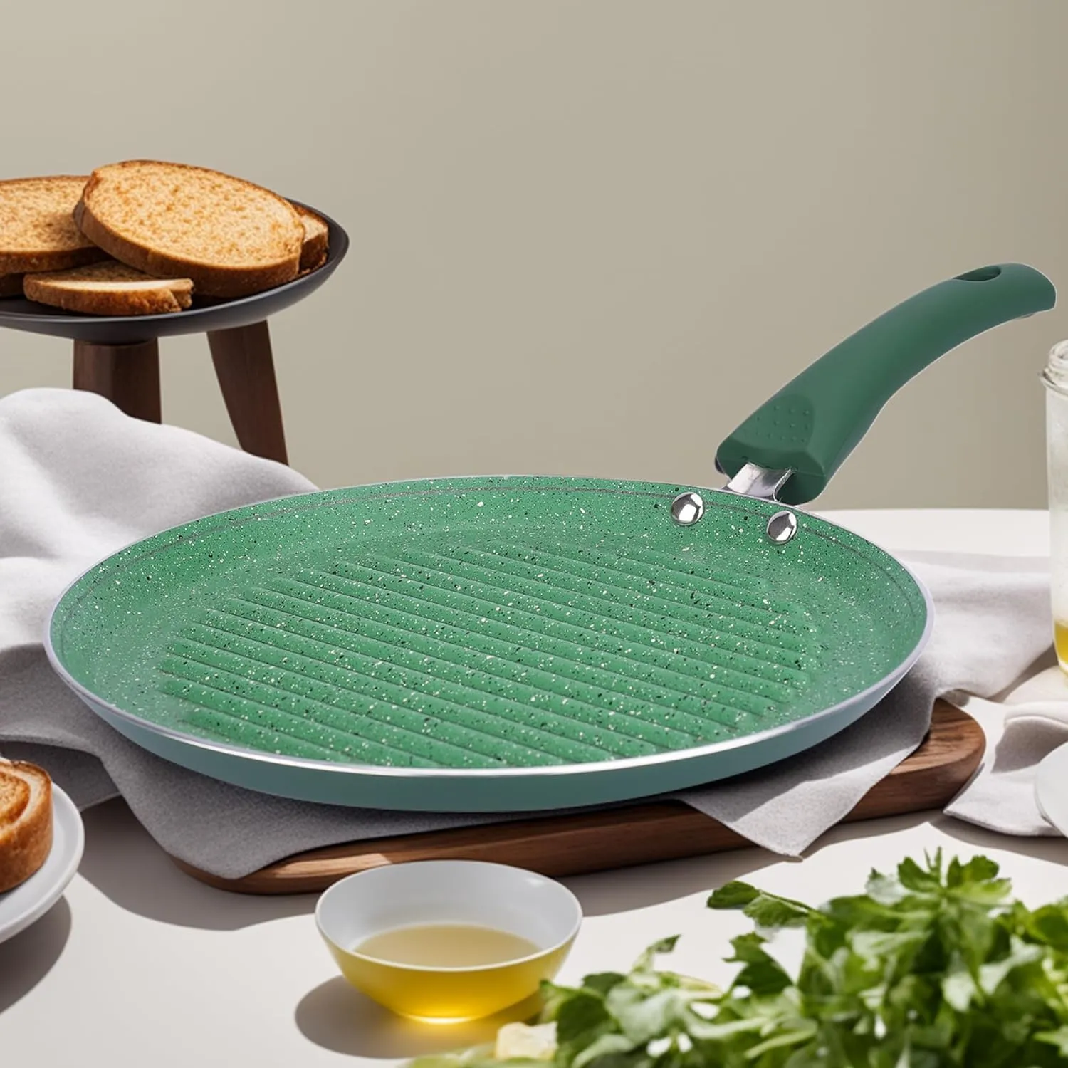 USHA SHRIRAM Green Non-Stick Cookware Set | 24cm Deep Fry Pan, 25cm Grill Pan, 1L Sauce Pan, 25cm Roti Tawa | Minimal Oil Cooking | Easy Grip Handles| Non-Toxic & Lightweight | Pack of 4
