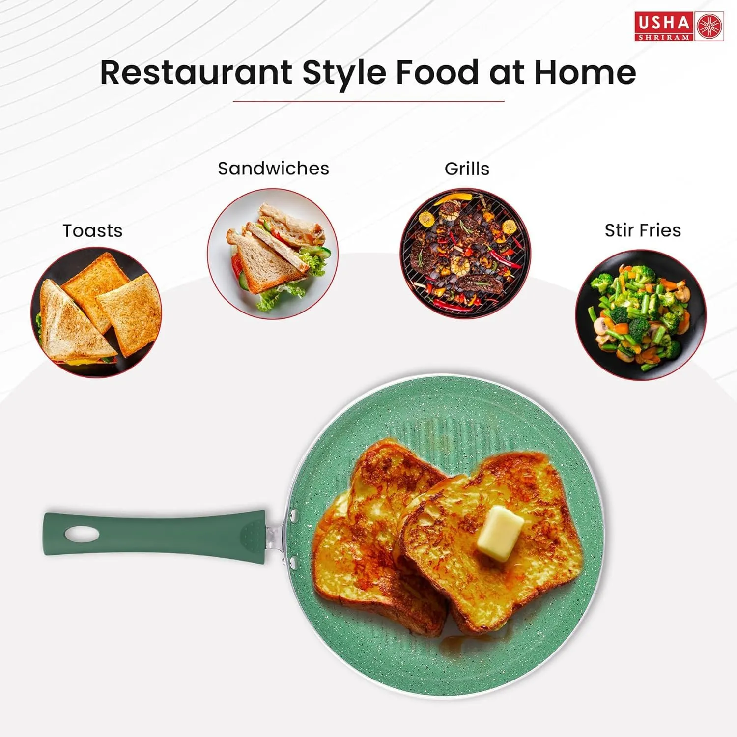 USHA SHRIRAM Green Non-Stick Cookware Set | 24cm Deep Fry Pan, 25cm Grill Pan, 1L Sauce Pan, 25cm Roti Tawa | Minimal Oil Cooking | Easy Grip Handles| Non-Toxic & Lightweight | Pack of 4