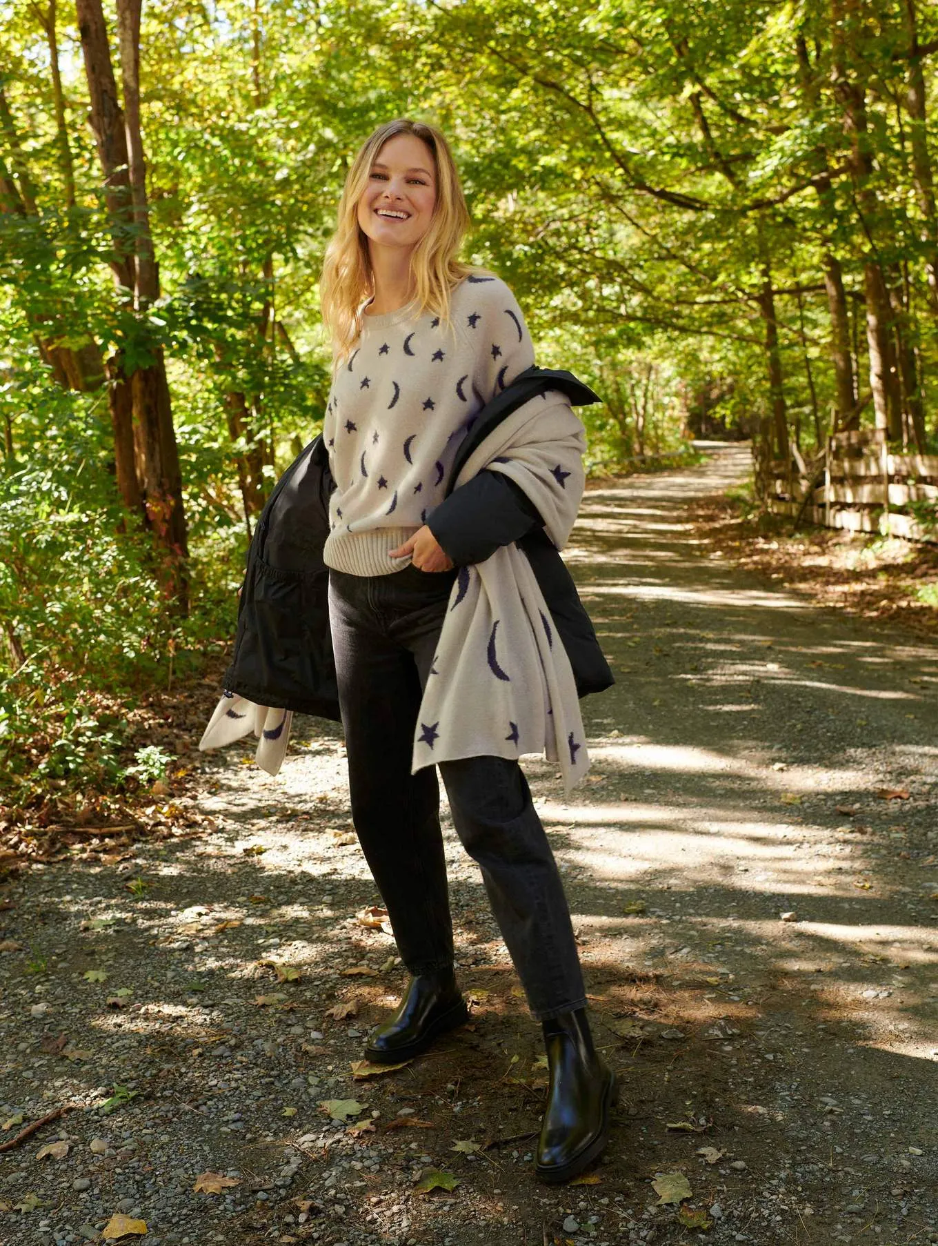 White   Warren - Cashmere New Moon Intarsia Scarf in Moonstone/Charcoal Heather