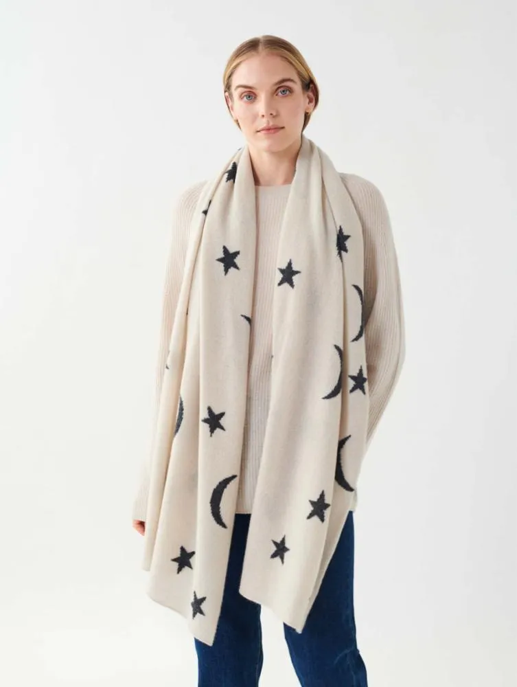White   Warren - Cashmere New Moon Intarsia Scarf in Moonstone/Charcoal Heather
