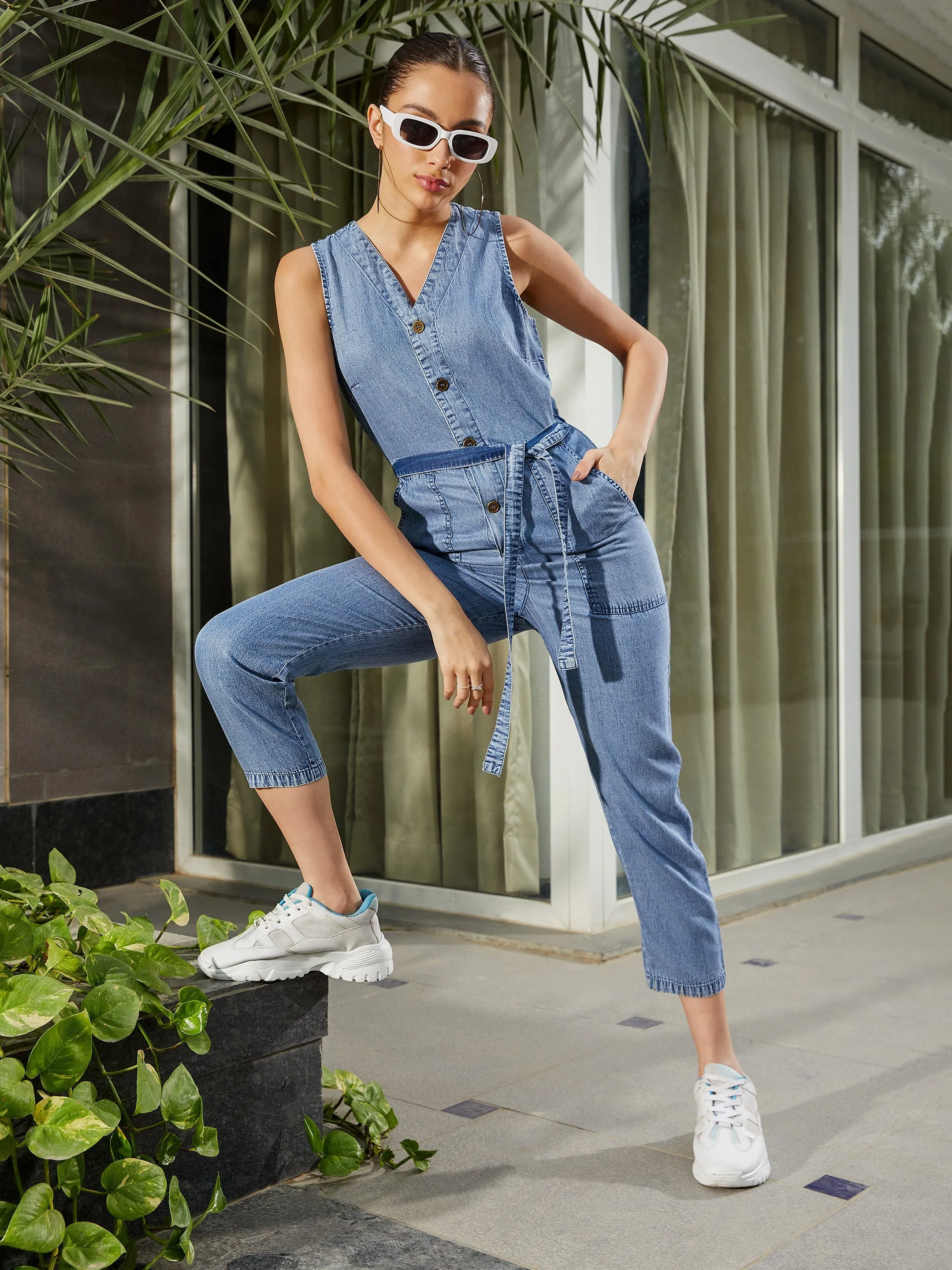 Women Blue Blast Wash Tencel Sleeveless Jumpsuit
