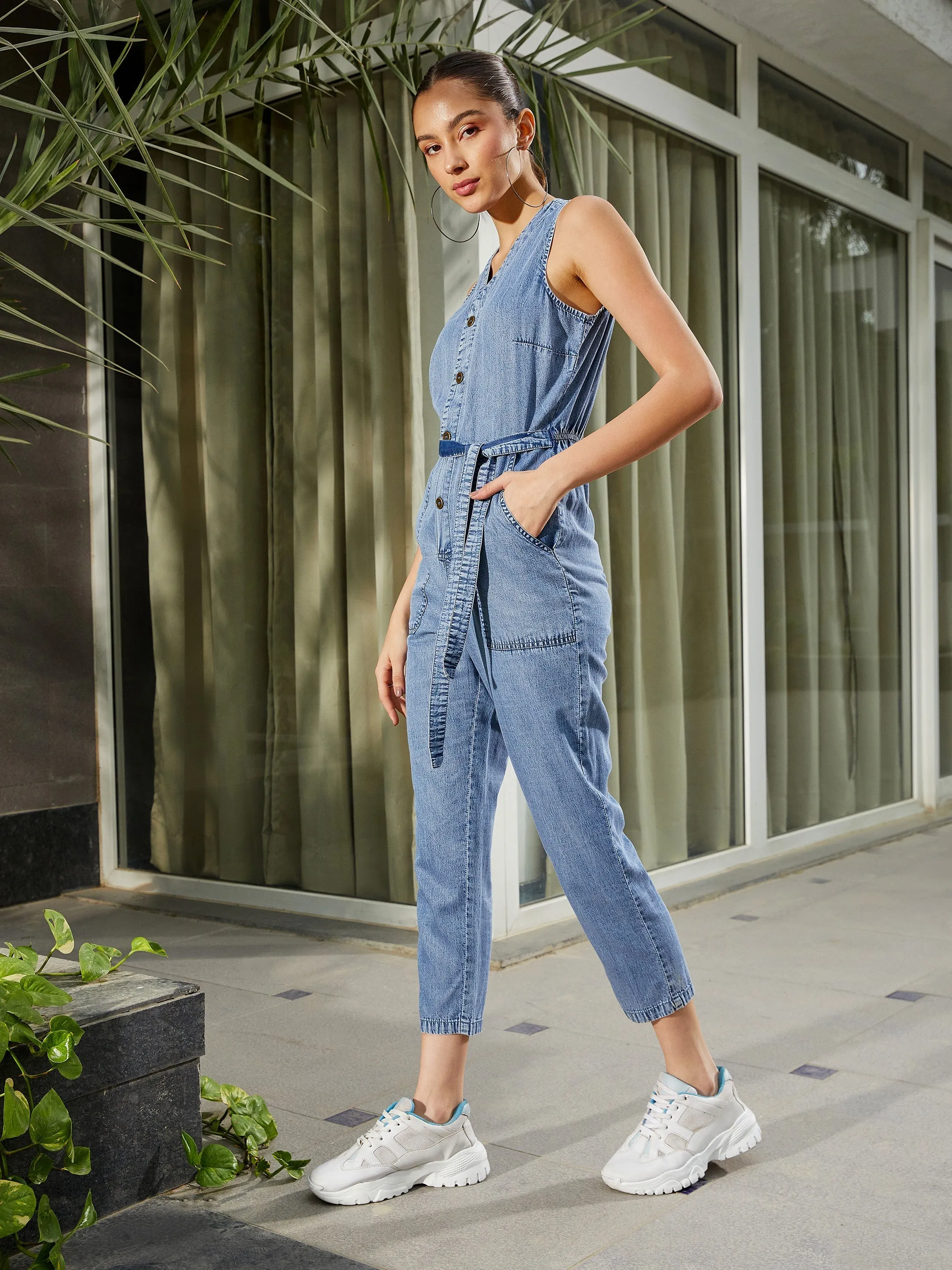 Women Blue Blast Wash Tencel Sleeveless Jumpsuit