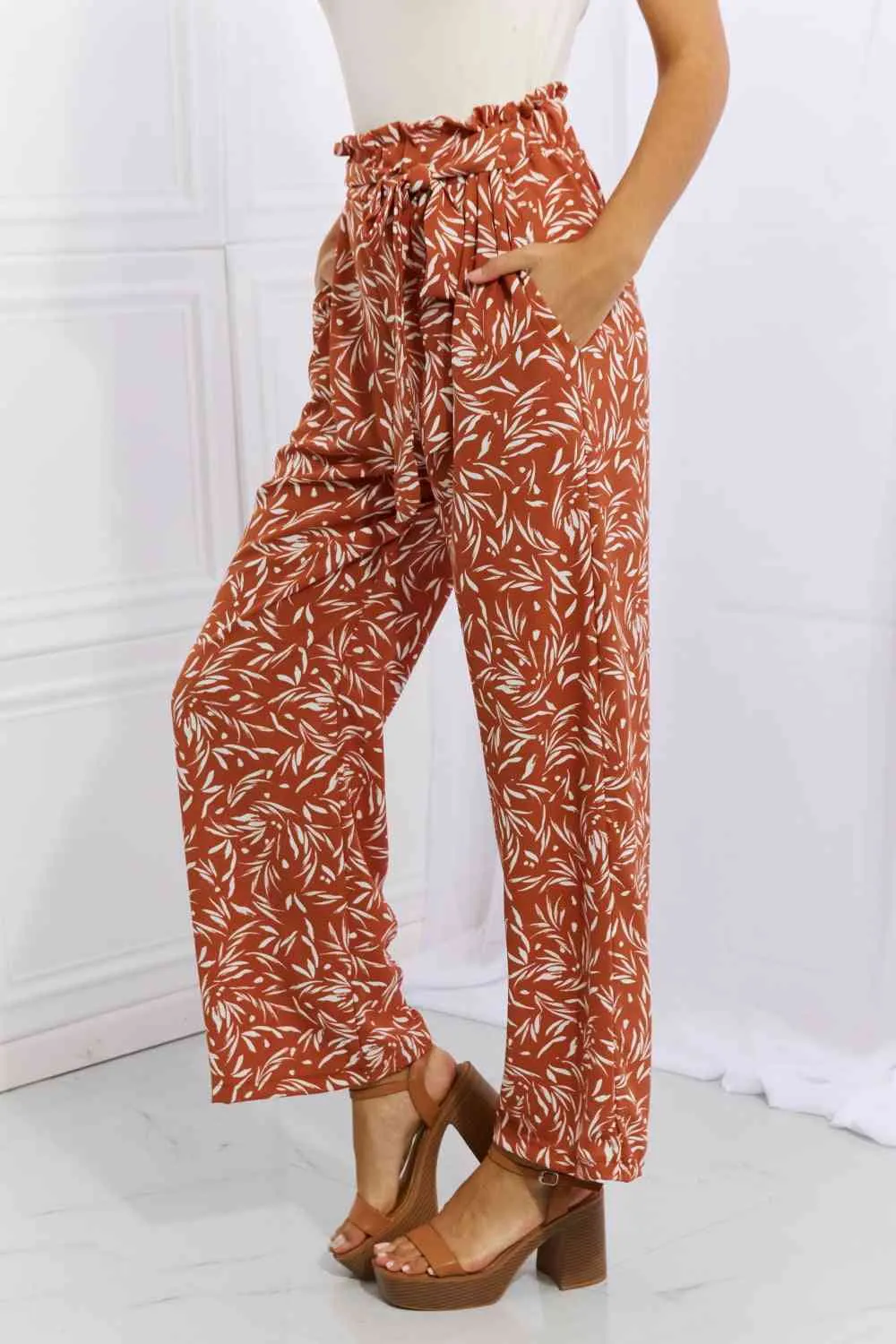 Women's Heimish Right Angle Full Size Geometric Printed Pants in Red Orange